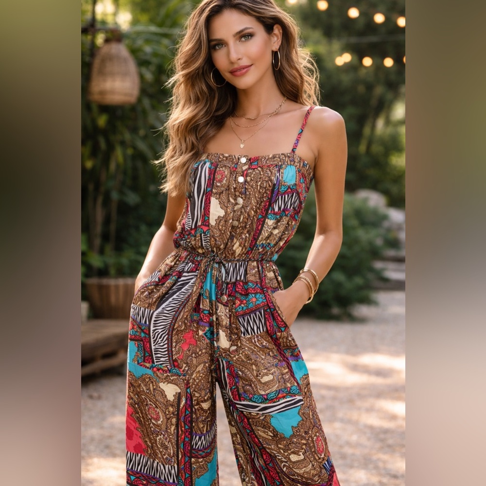 Vintage Cache Boho Patchwork Paisley Jumpsuit Wide Leg Festival